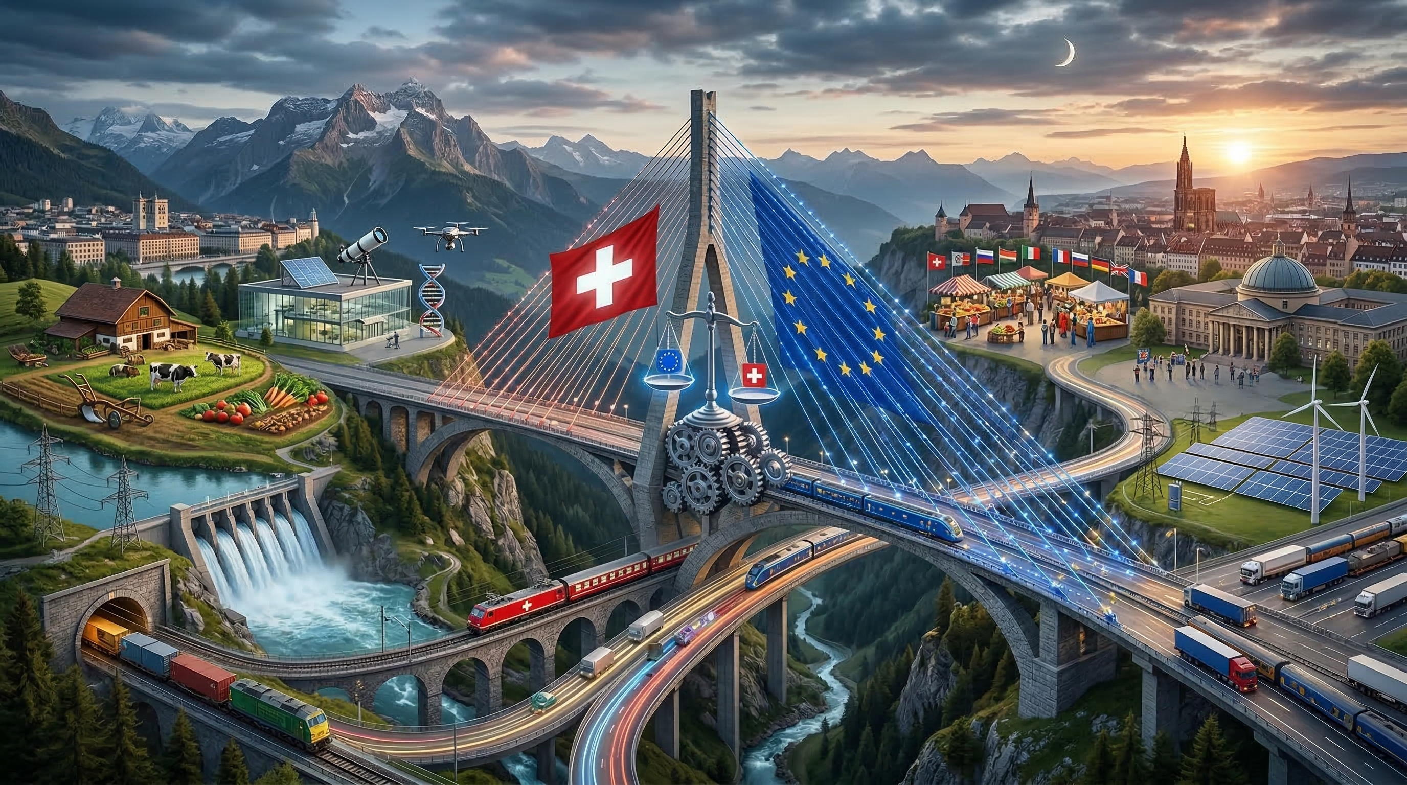Illustration: The Bilateral Agreements III connecting Switzerland and the EU -- Topics including transport, energy, research, agriculture and single market access